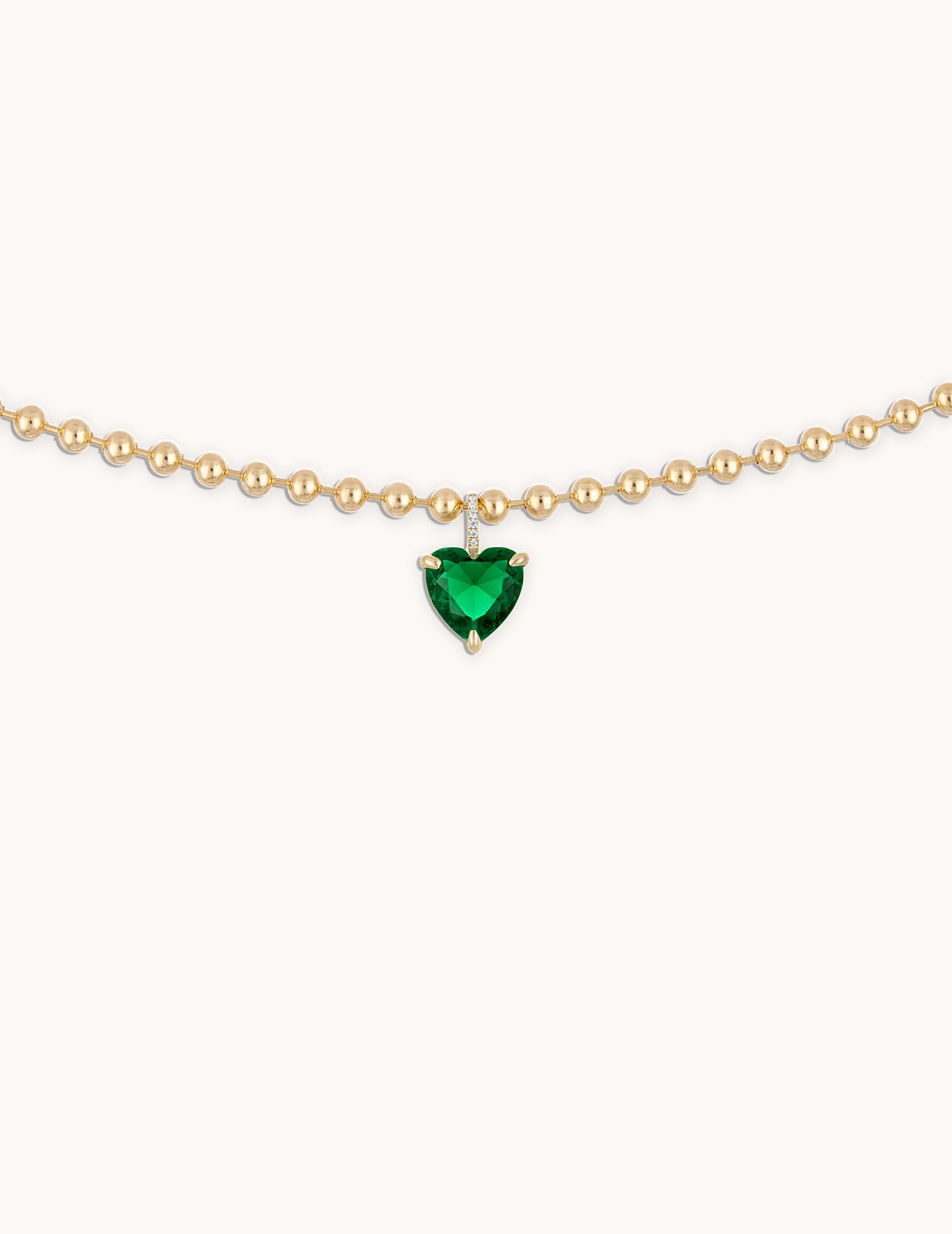 Heart Pendant Ball Chain Necklace Emerald in Gold | 16"