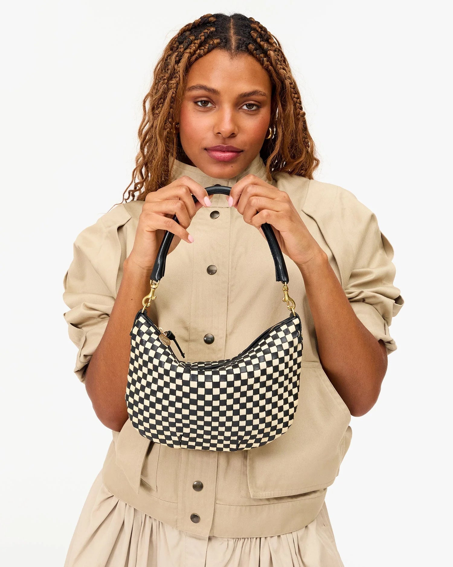 Petit Moyen Messenger in Black/Cream Woven Checker