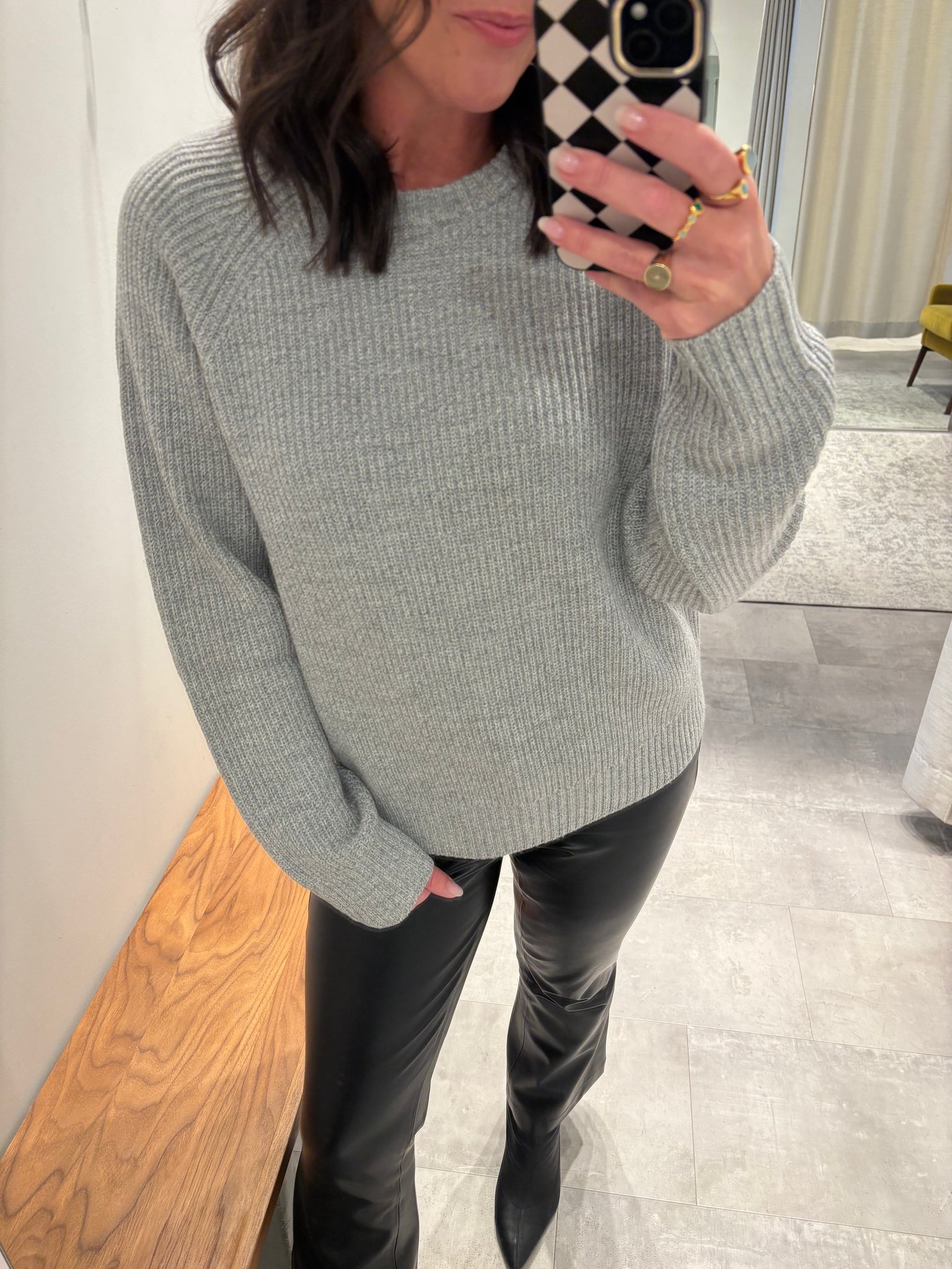 Fine Merino Rib Raglan Crew in Fog Grey