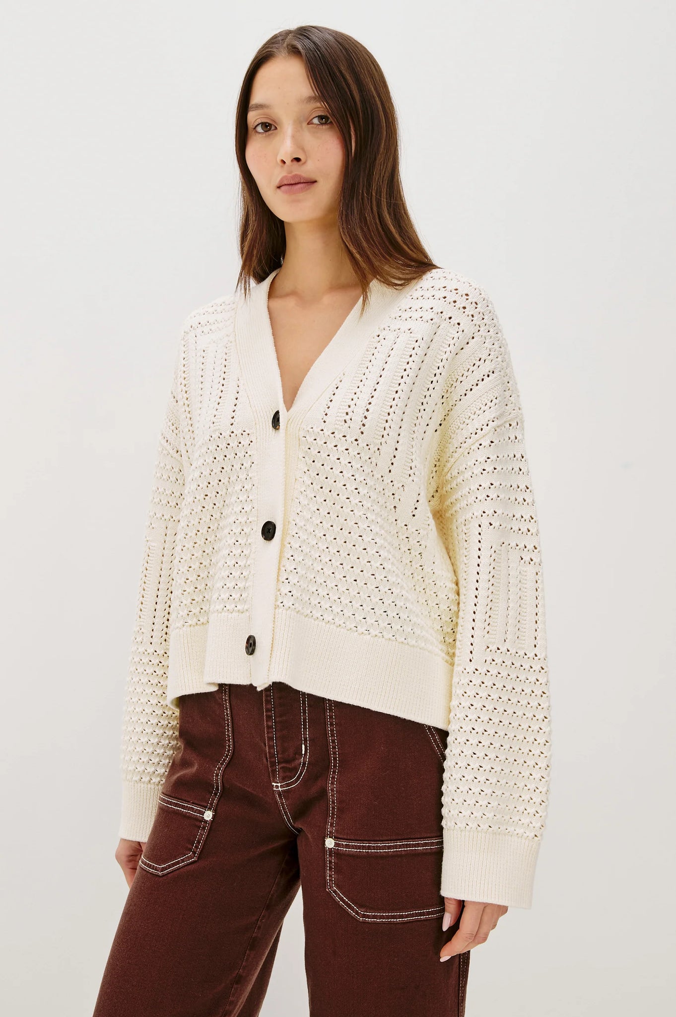 Geneva Cardigan in Ivory Patchwaork Pointelle