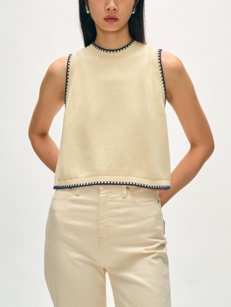 Organic Cotton Blanket Trim Tank in Ivory/Navy