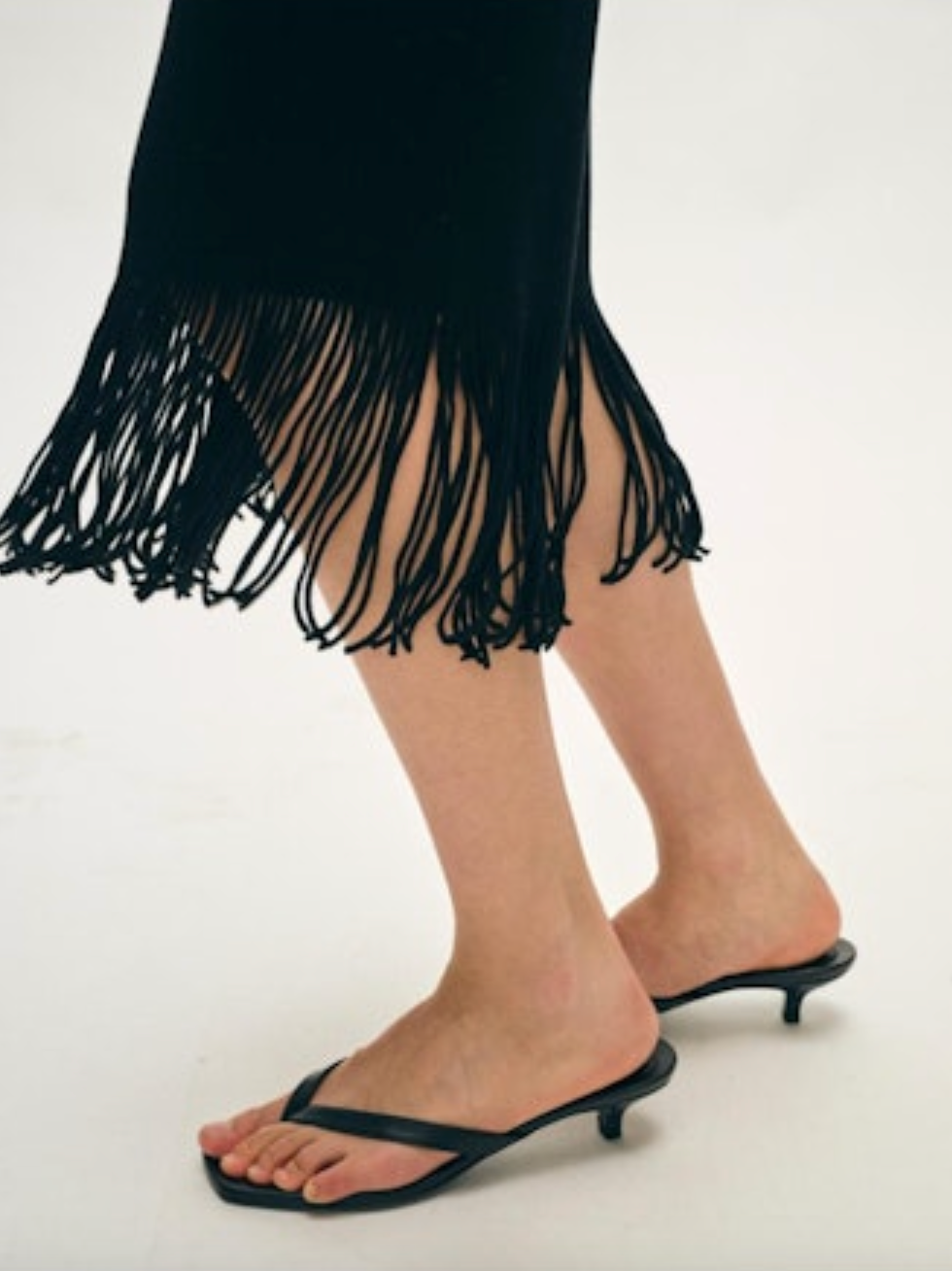 Viscose Blend Fringe Ribbed Skirt in Black