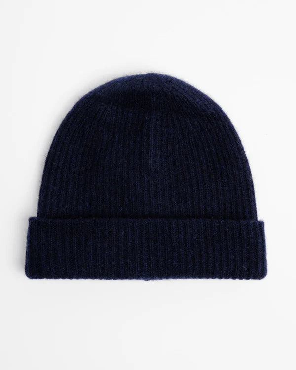 Cashmere Plush Rib Beanie in Deep Navy