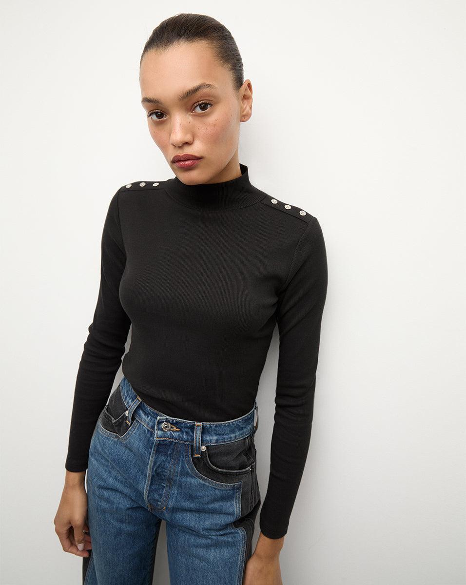 Nate Mockneck Top with Buttons in Black