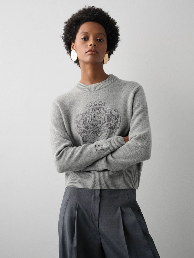 Cashmere Coat of Arms Embroidered Crewneck in Grey Combo