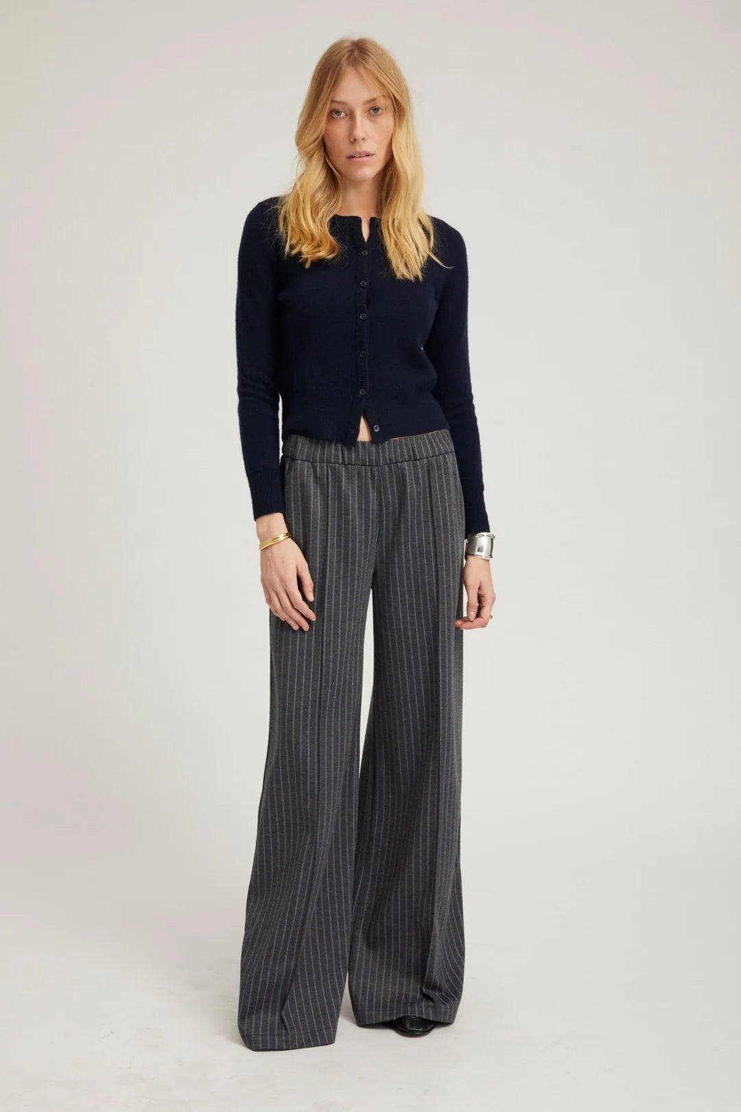 Grey Pinstripe Wide Leg Pintuck Trousers