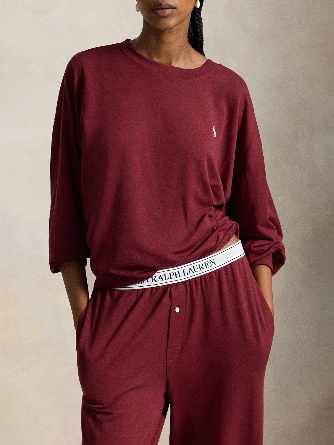 Club Terry Crew Wide Leg Pant Set in Zinfandel