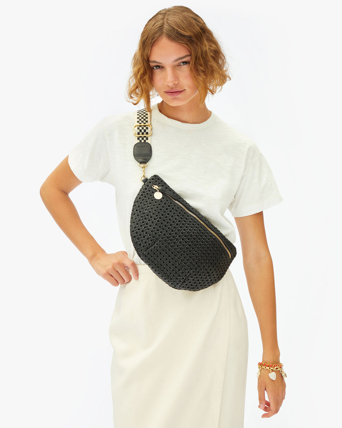 Adjustable Crossbody Strap in Black & Cream Checker