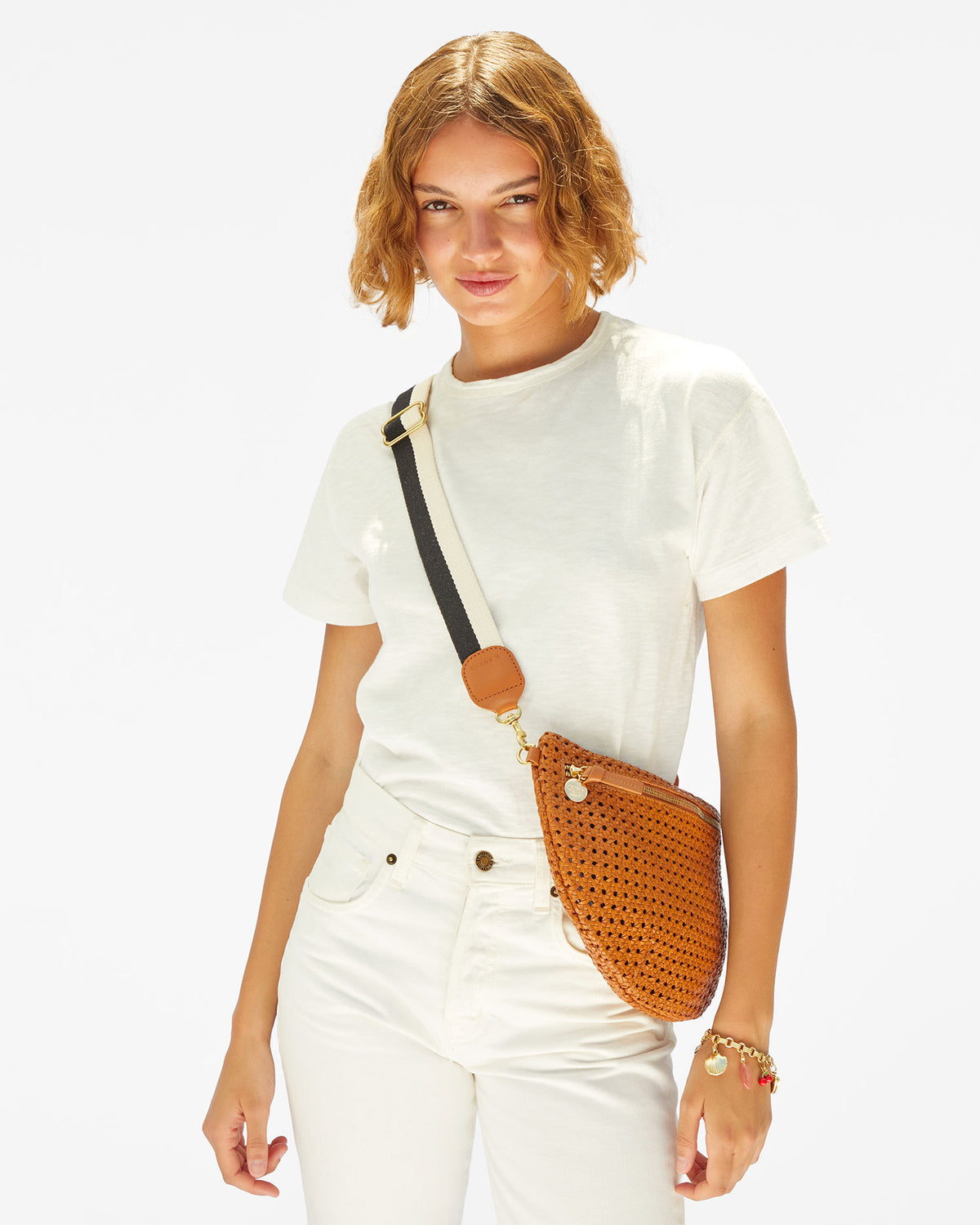 Adjustable Crossbody Strap in Black/Cream Stripe with Cuoio Tabs