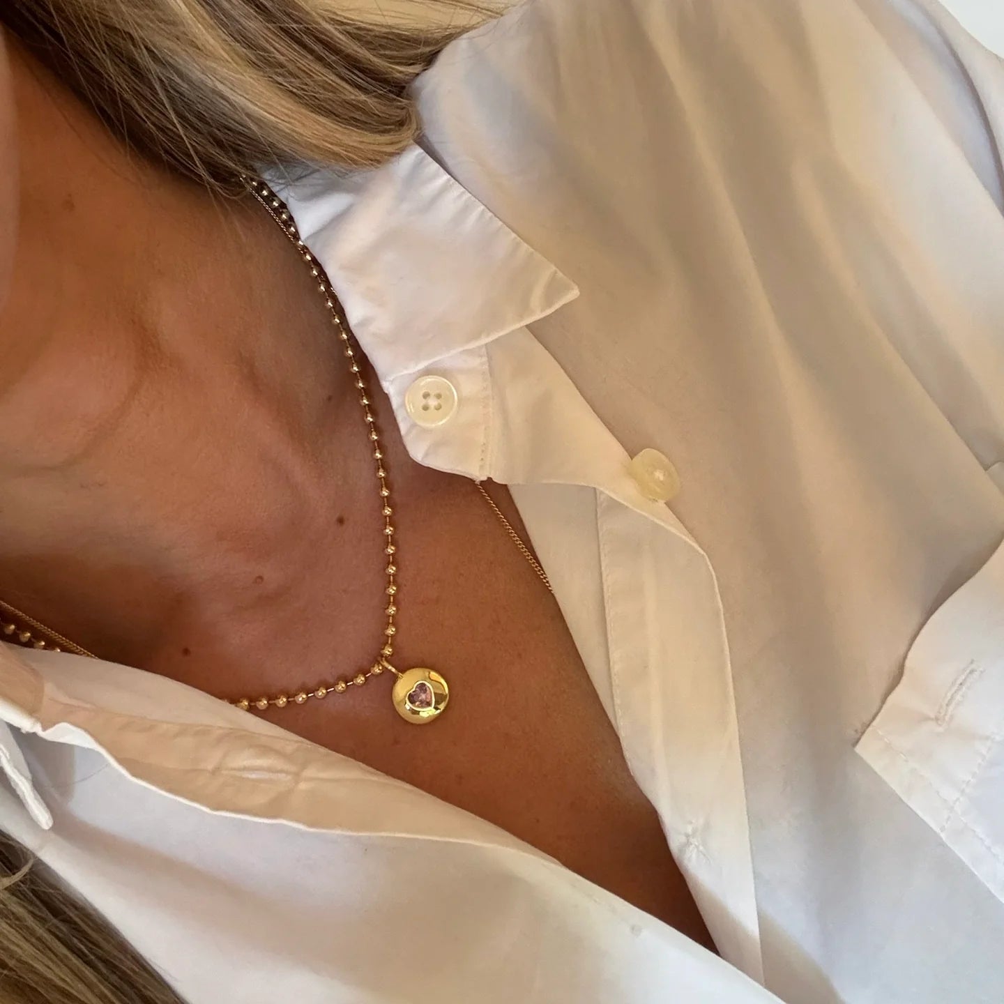 Round Heart Ball Chain Necklace Pink | 18"