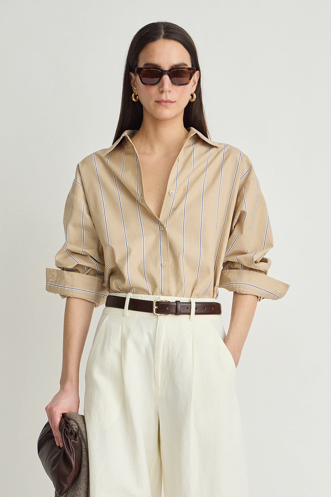 Isolde Button Down in Sable Sand & Blue Stripe