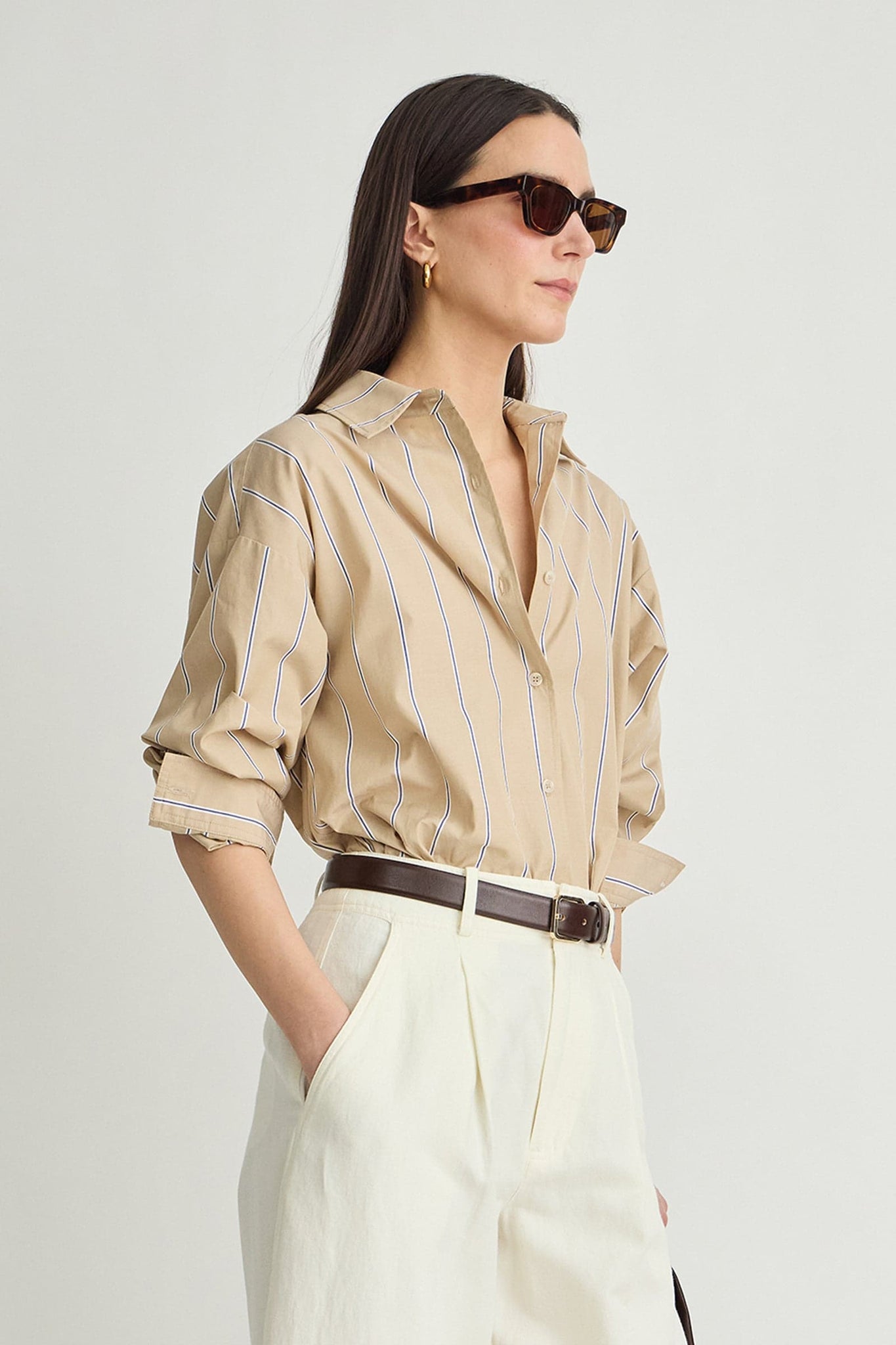 Isolde Button Down in Sable Sand & Blue Stripe