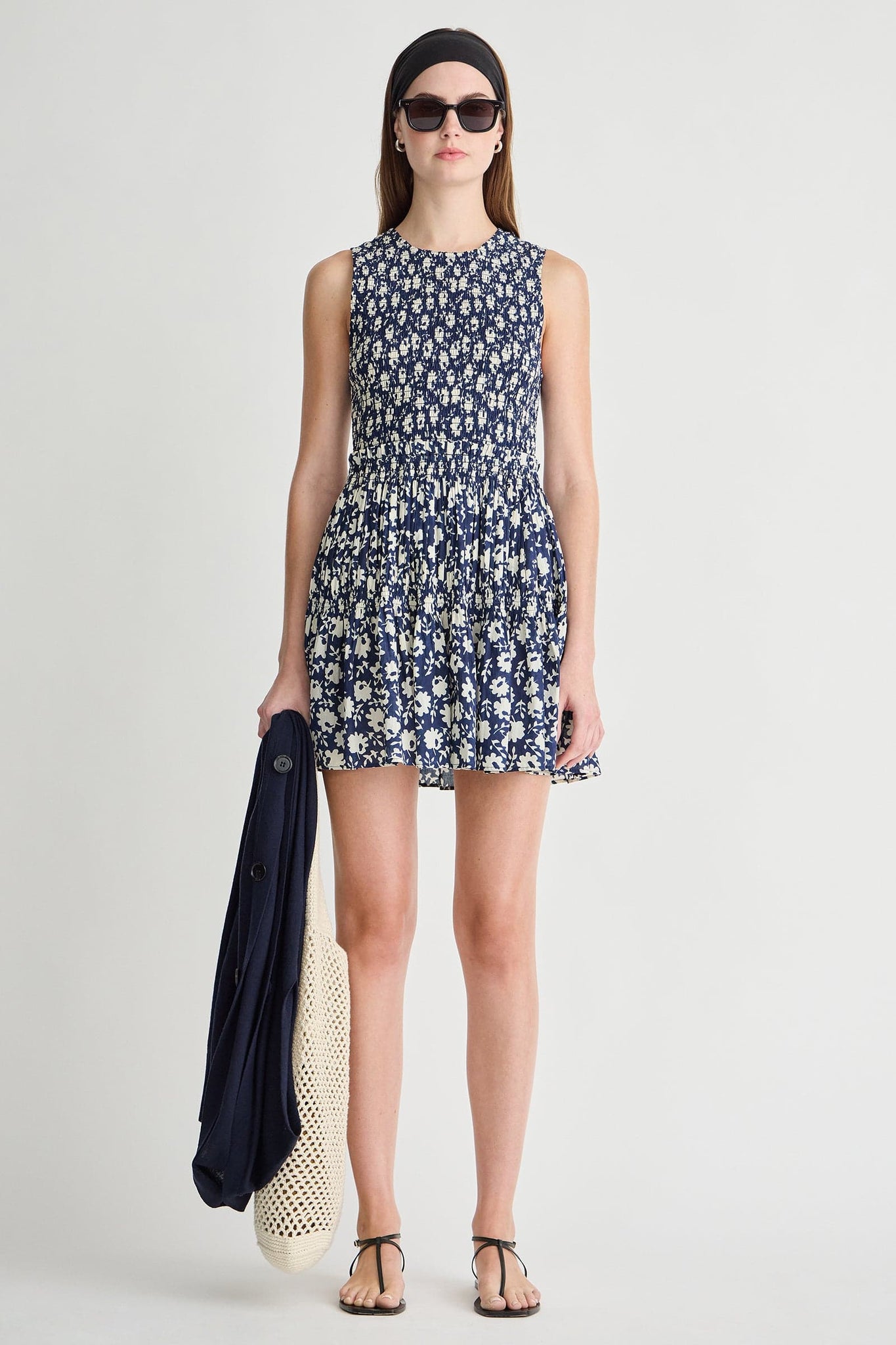 Lore Smocked Mini Dress in Navy Floral Stamp