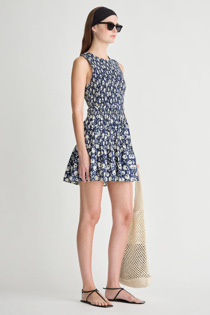 Lore Smocked Mini Dress in Navy Floral Stamp
