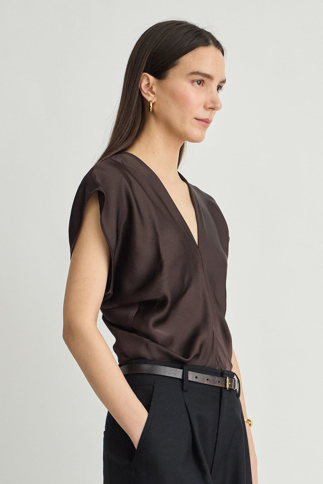 Monde Drape Bias Top in Black Coffee