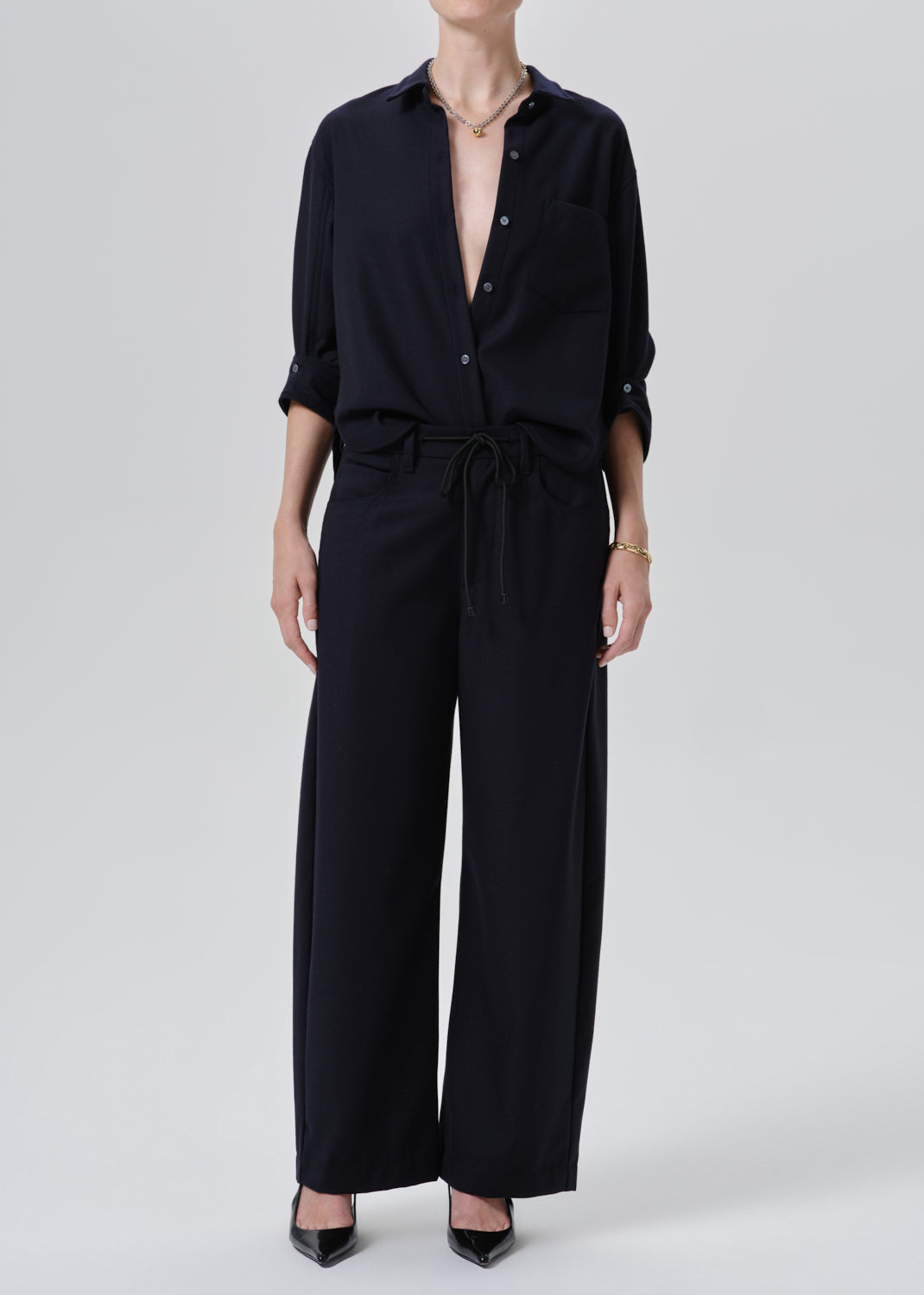 Brynn Drawstring Italian Virgin Wool Trouser in Navy