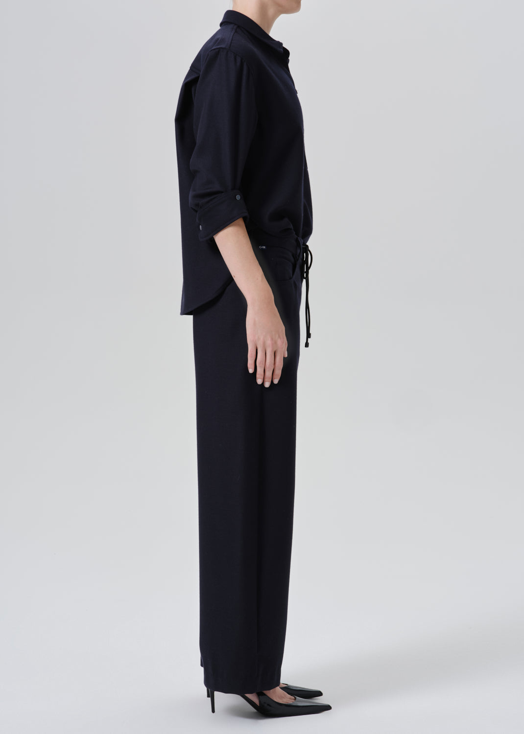 Brynn Drawstring Italian Virgin Wool Trouser in Navy