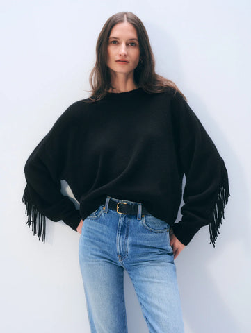 Cashmere Blend Luxe Fringe Crewneck in Black
