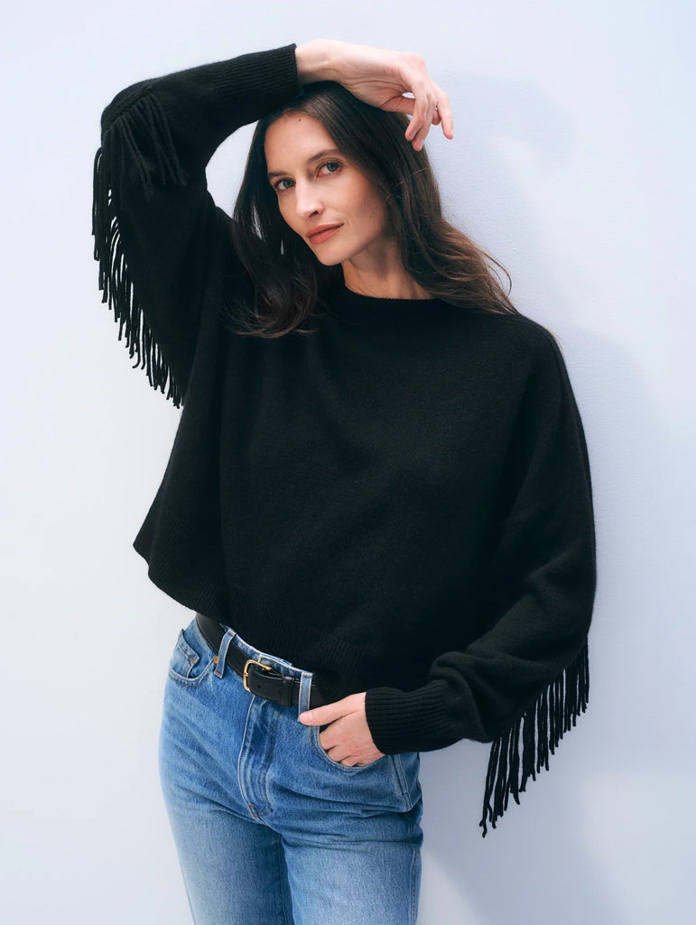 PREORDER | Cashmere Blend Luxe Fringe Crewneck in Black