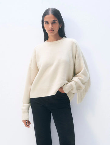 Cashmere Blend Luxe Fringe Crewneck in Ivory