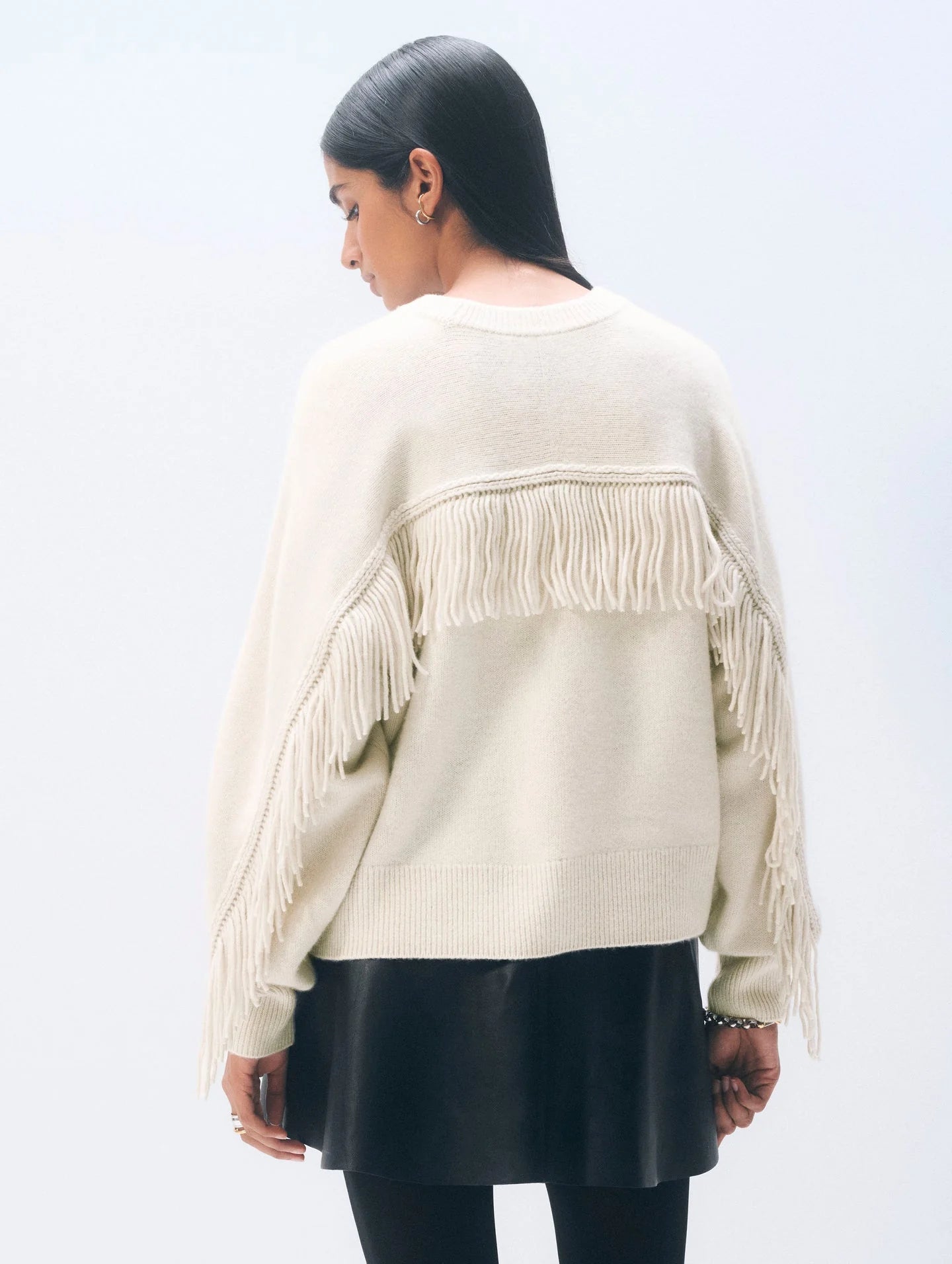 Cashmere Blend Luxe Fringe Crewneck in Ivory