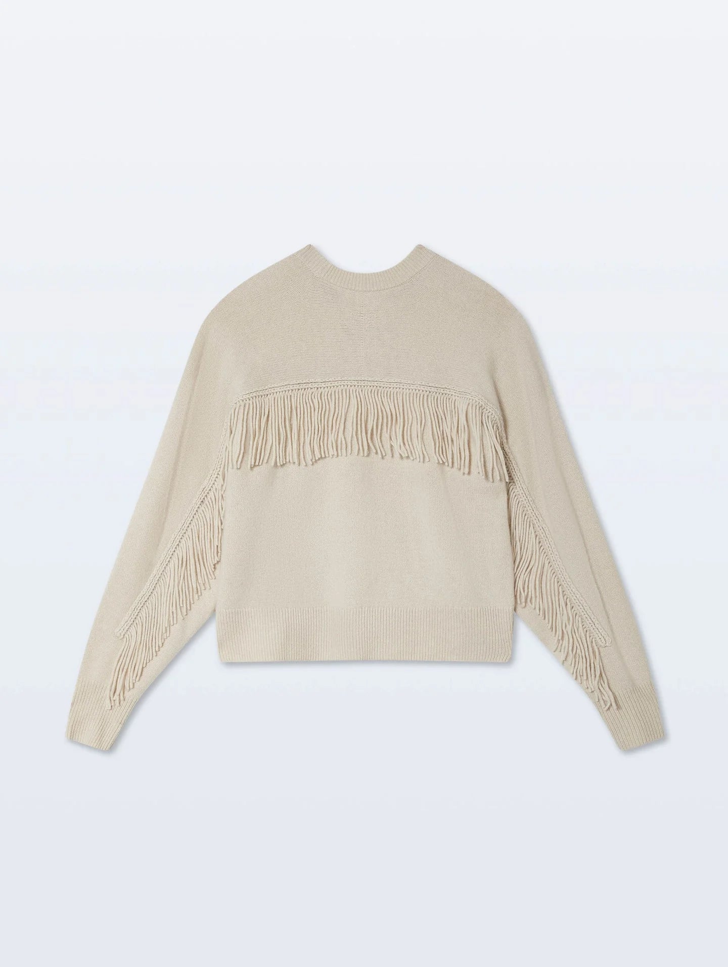 Cashmere Blend Luxe Fringe Crewneck in Ivory