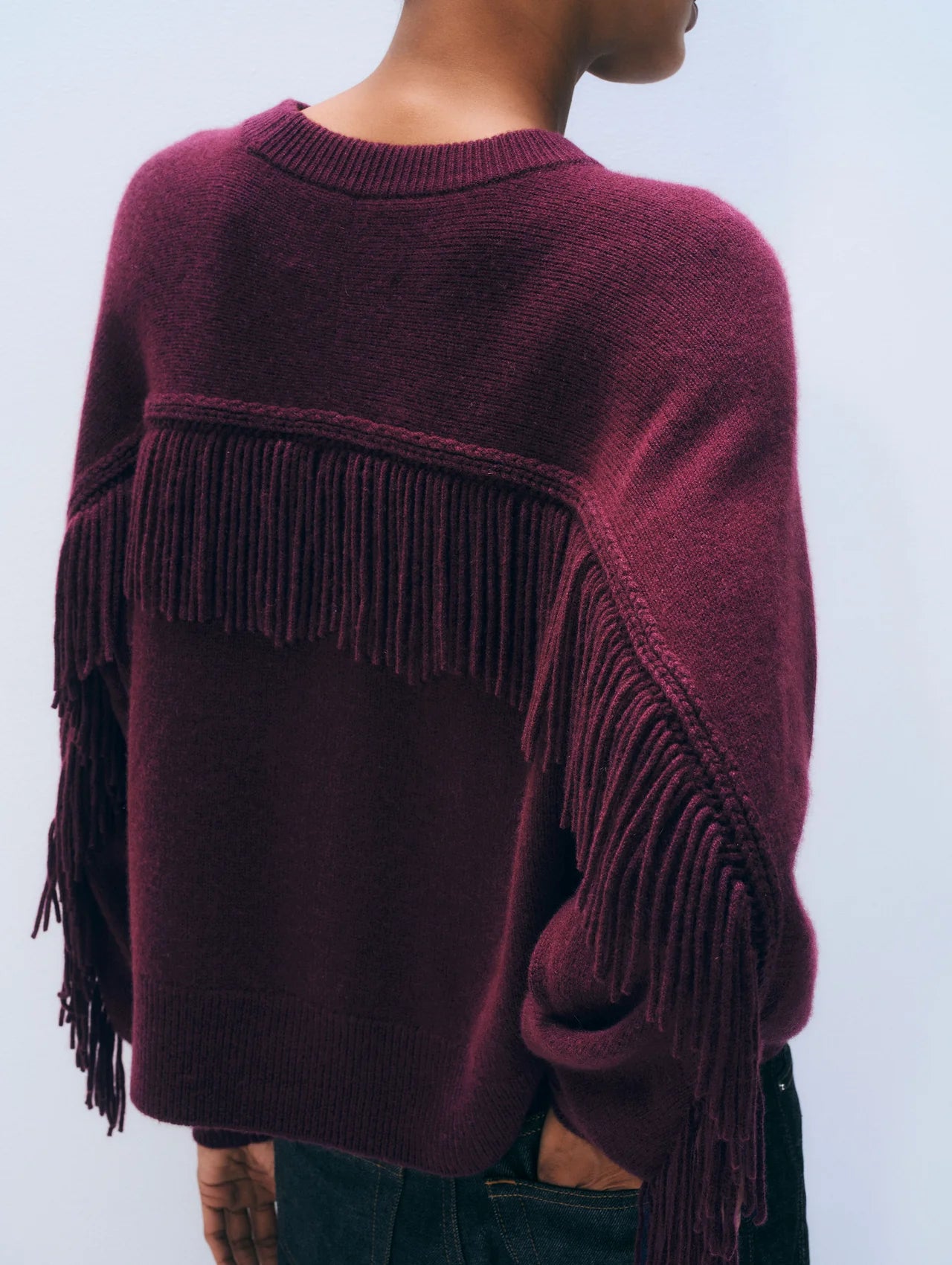 Cashmere Blend Luxe Fringe Crewneck in Oxblood