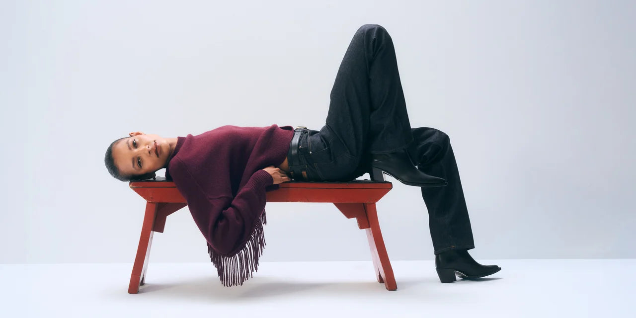Cashmere Blend Luxe Fringe Crewneck in Oxblood