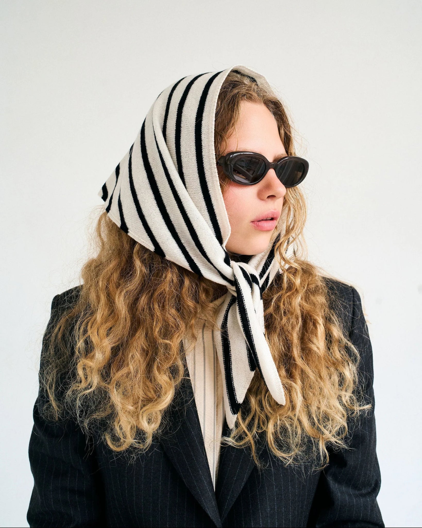 Cashmere Kerchief in Black + Ivory Stripe