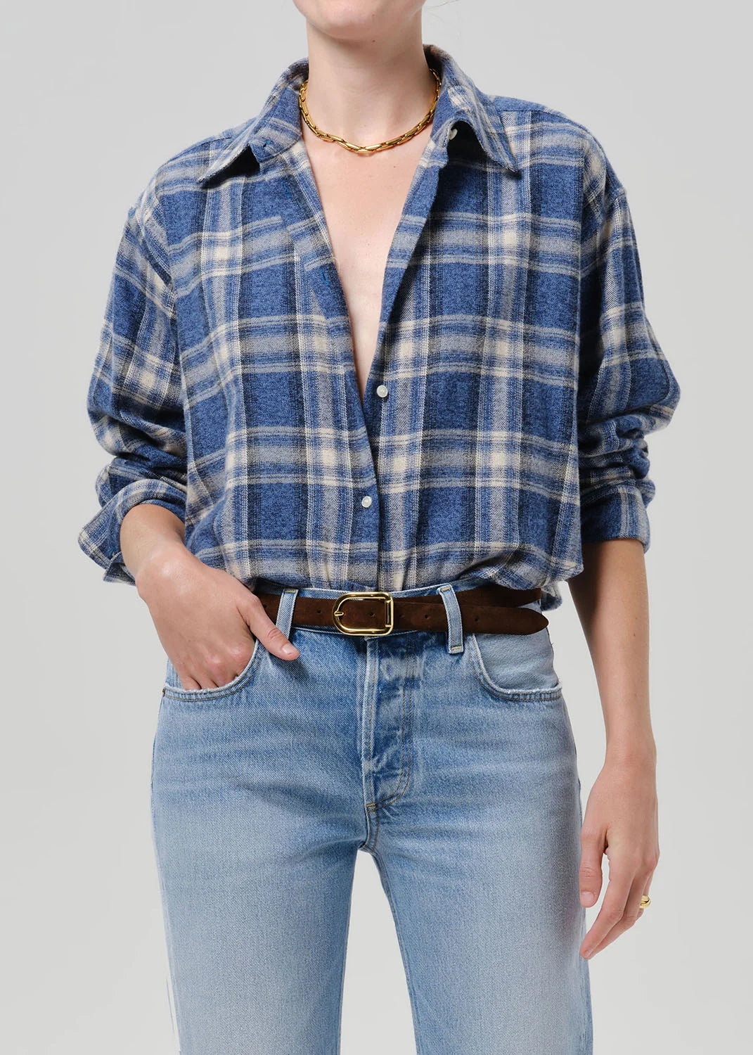 Ana Cropped Shirt in Marina Plaid