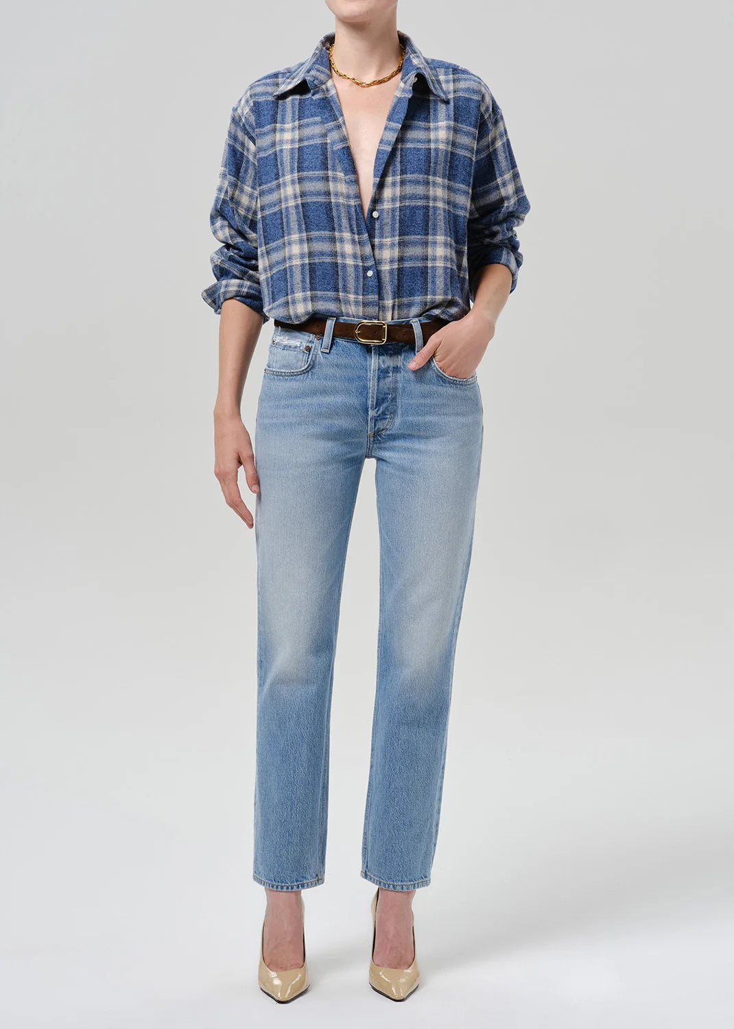 Ana Cropped Shirt in Marina Plaid