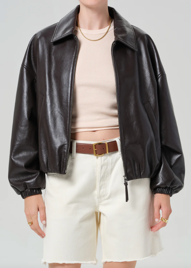 Bubble Hem Leather Bomber Jacket in Chocolate Dark Brown