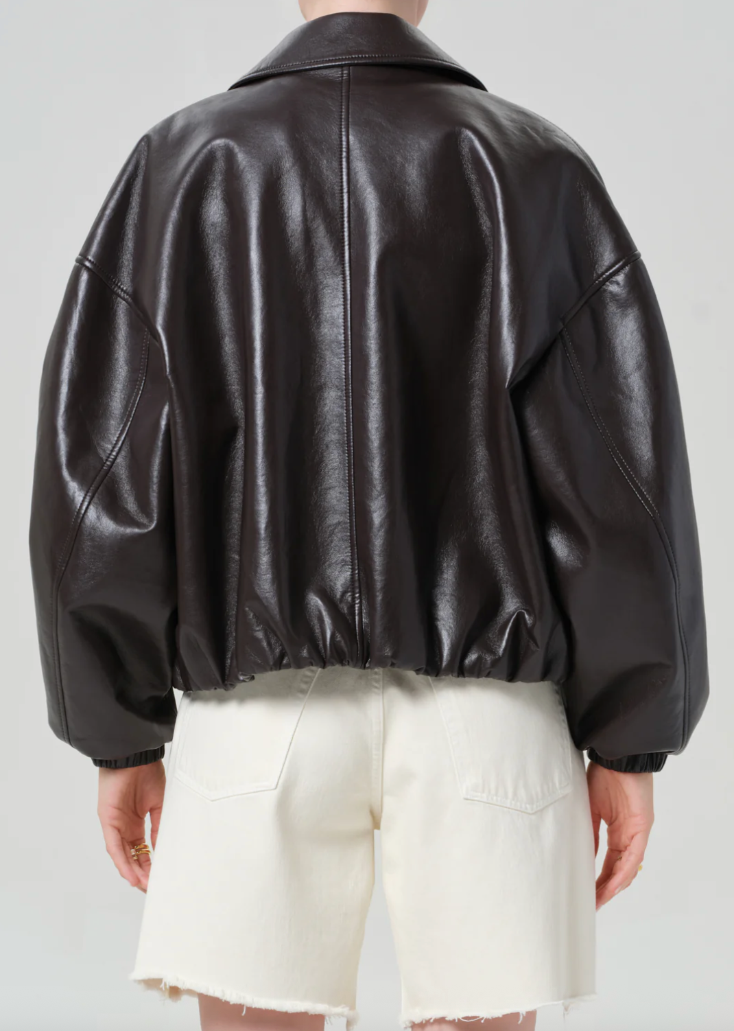 Bubble Hem Leather Bomber Jacket in Chocolate Dark Brown