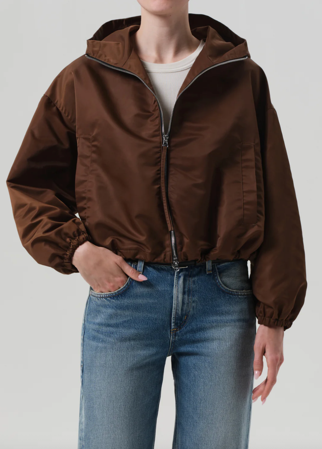 Cropped Nylon Windbreaker in Brown