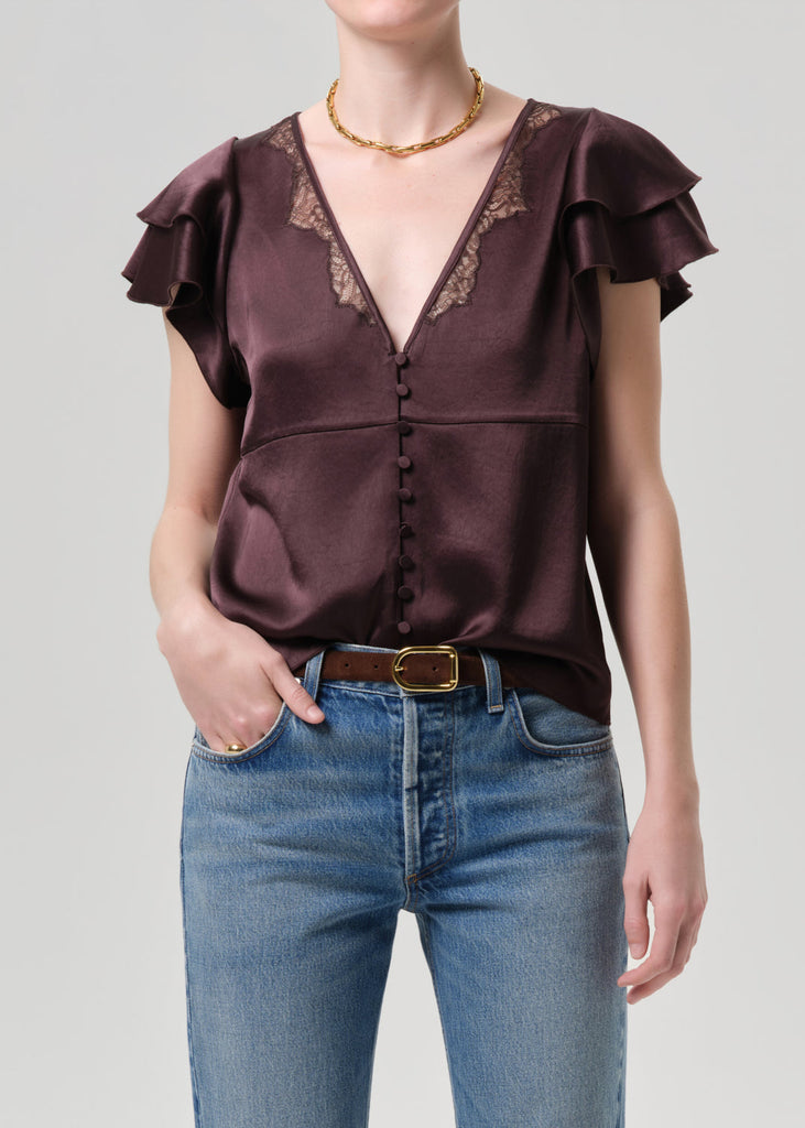 Lola Flutter Lace Sleeve Top in Espresso