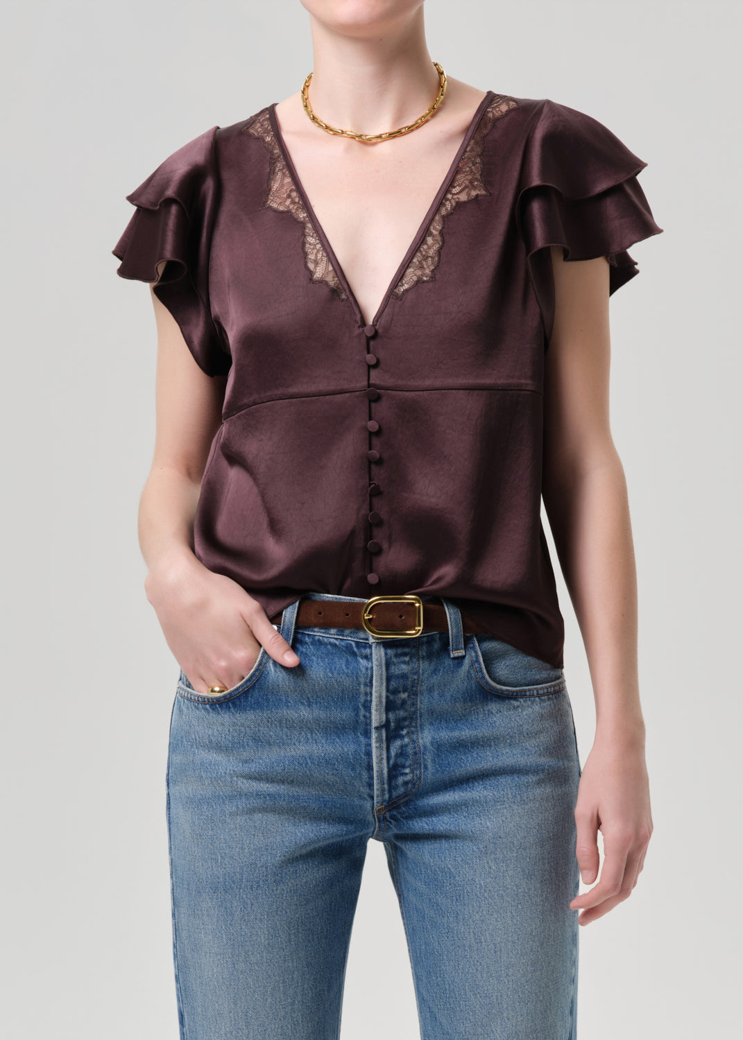 Lola Flutter Lace Sleeve Top in Espresso