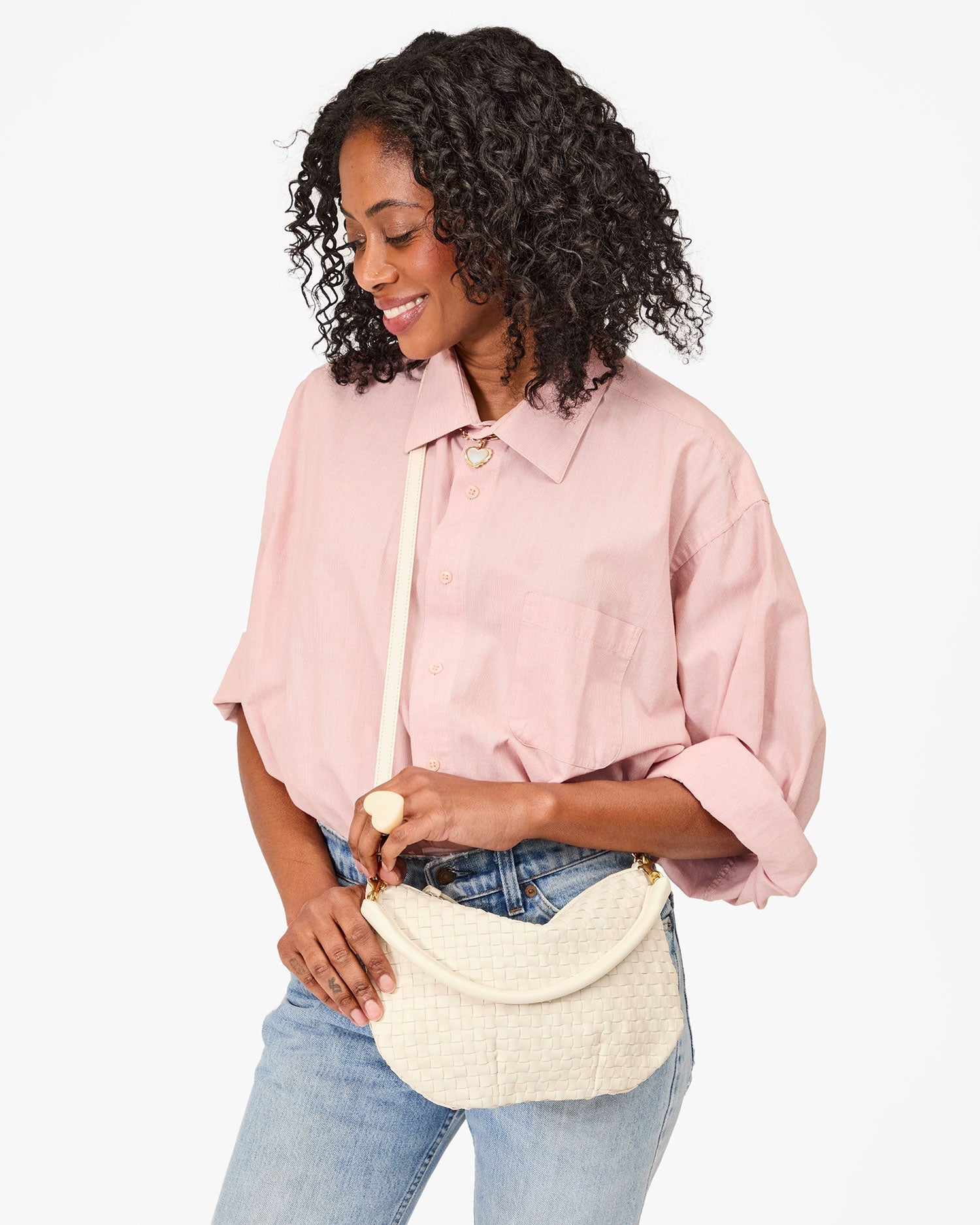 Petit Moyen Messenger in Cream Woven Checker