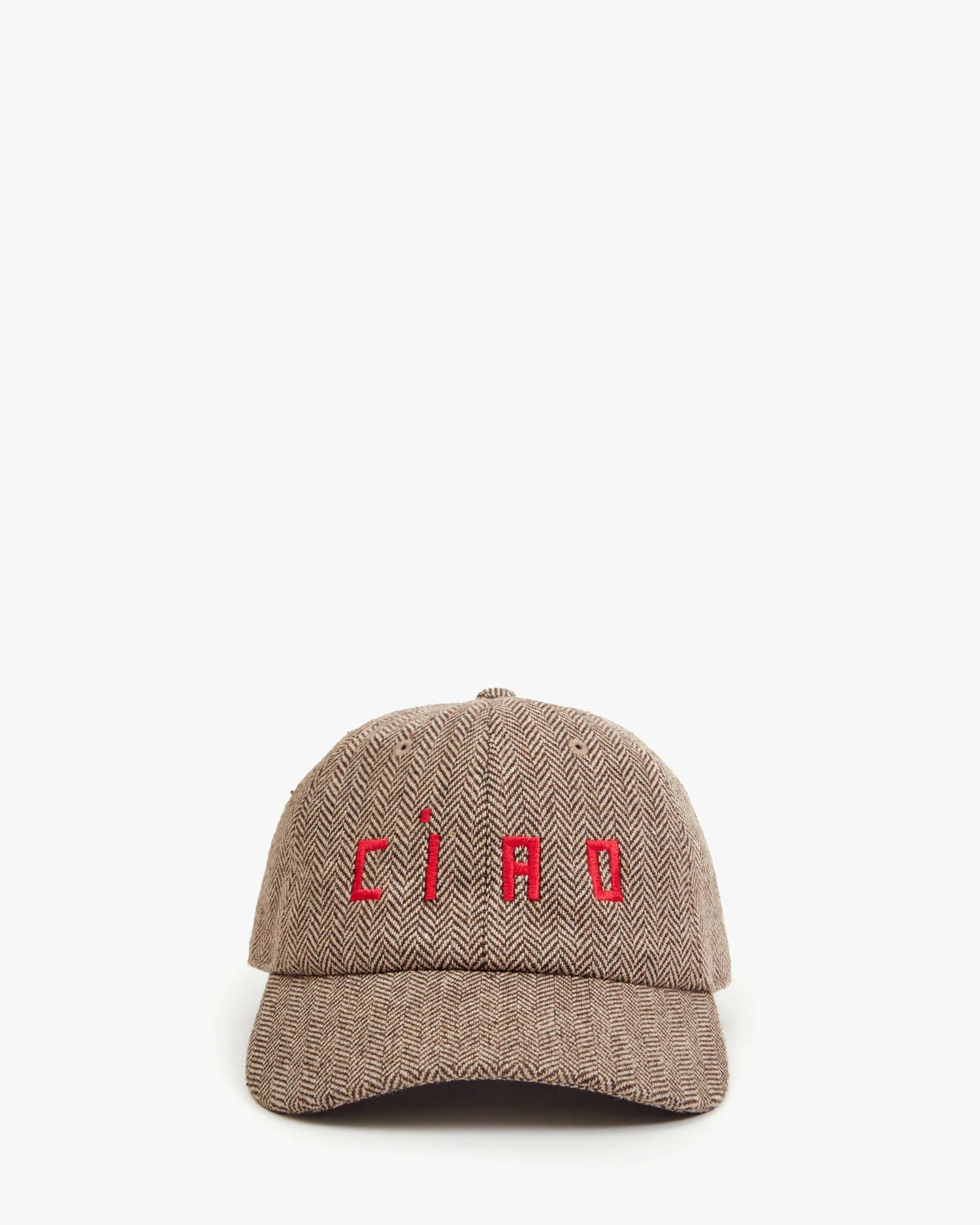 Wool Baseball Hat in Taupe with Super Red Embroidered Ciao