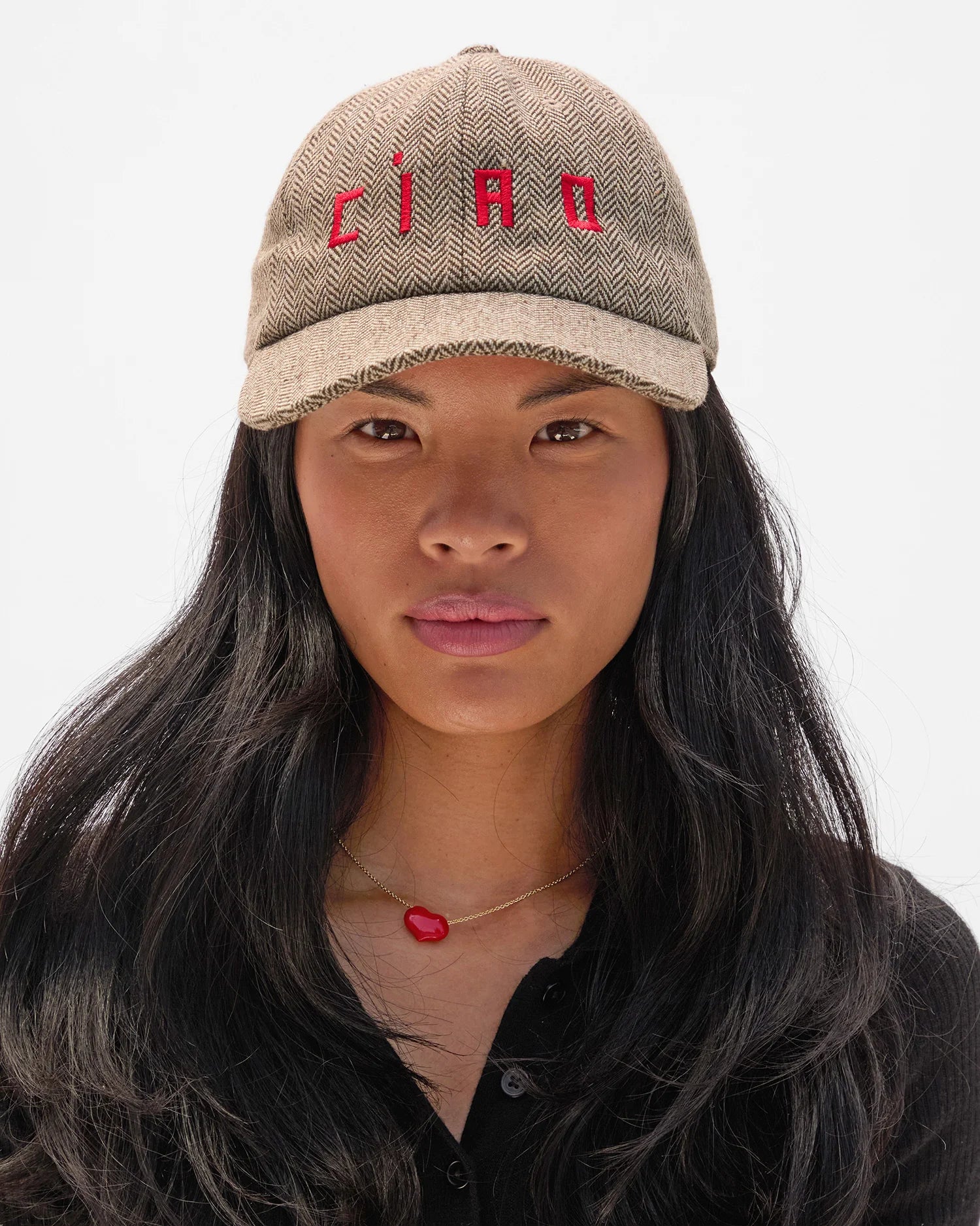 Wool Baseball Hat in Taupe with Super Red Embroidered Ciao