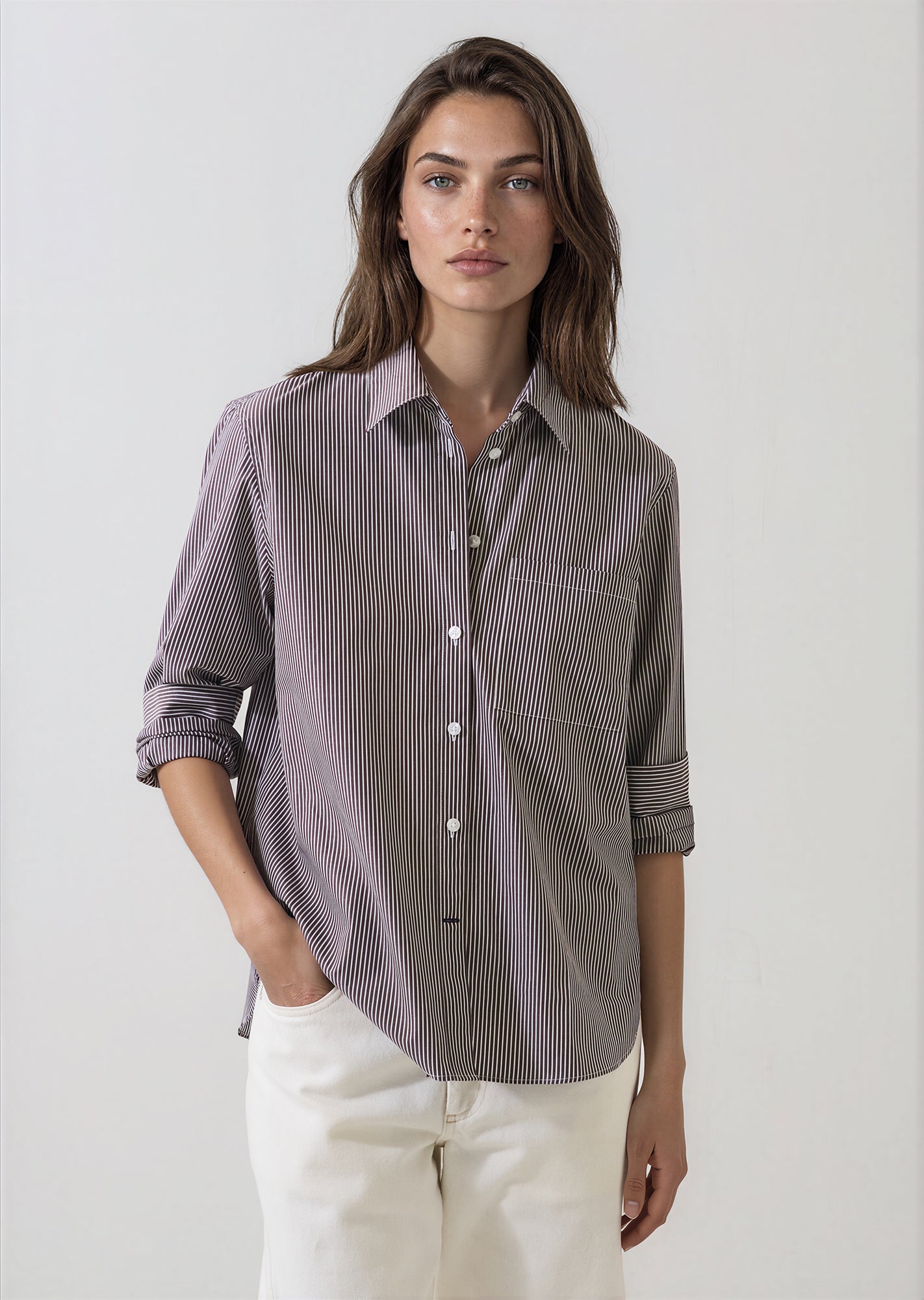 Cotton Stripe Boyfriend Pocket Shirt in Bark