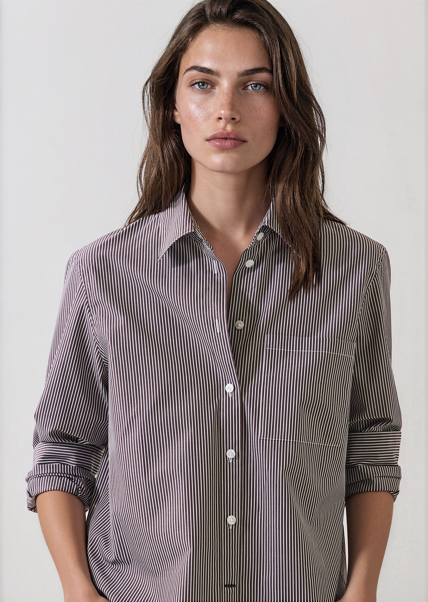 Cotton Stripe Boyfriend Pocket Shirt in Bark