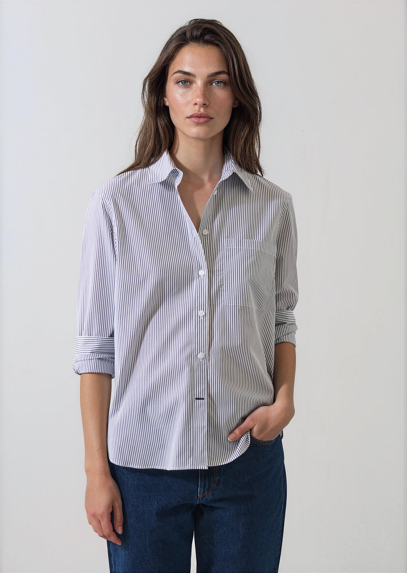 Cotton Stripe Boyfriend Pocket Shirt in French Blue