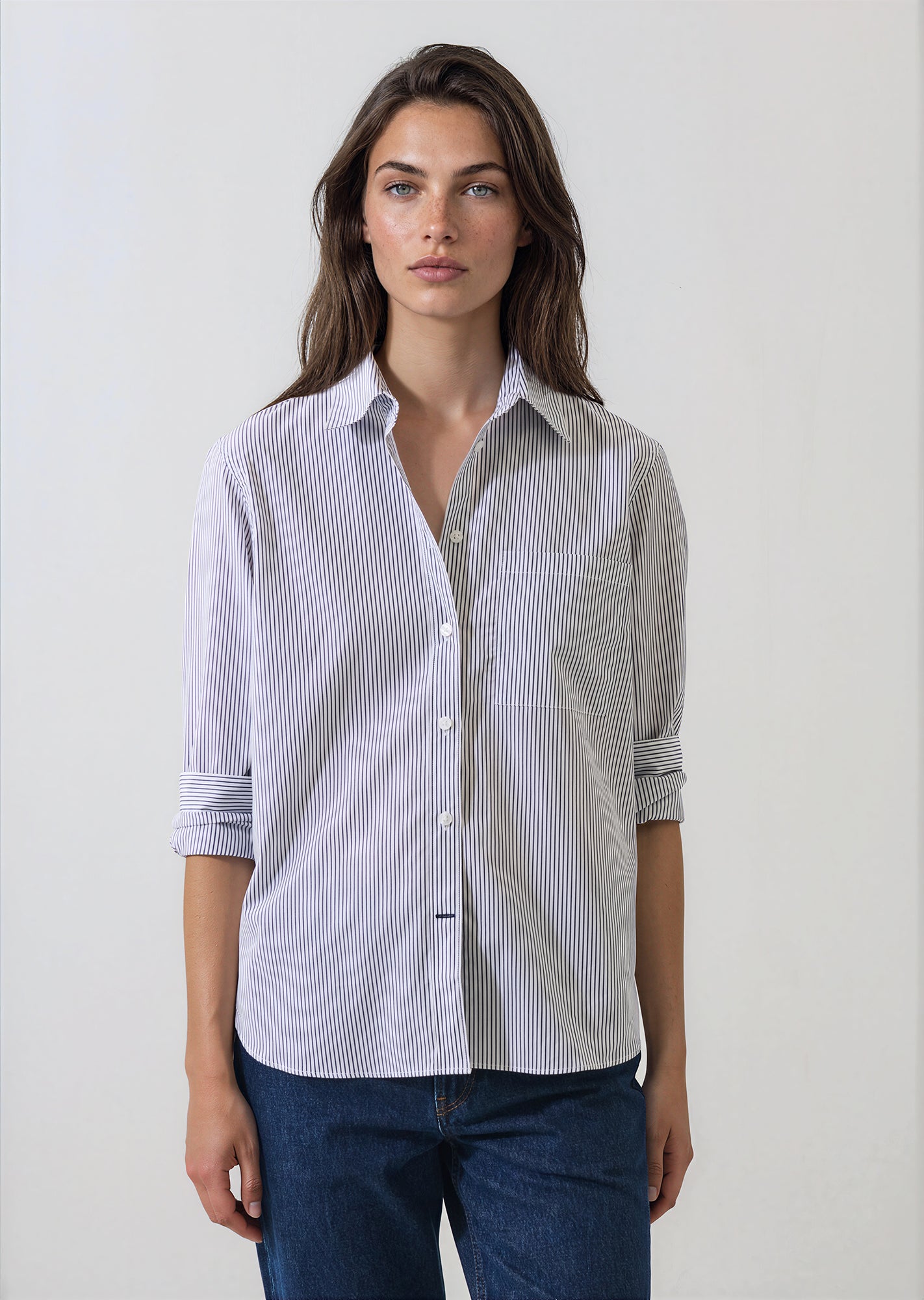 Cotton Stripe Boyfriend Pocket Shirt in French Blue