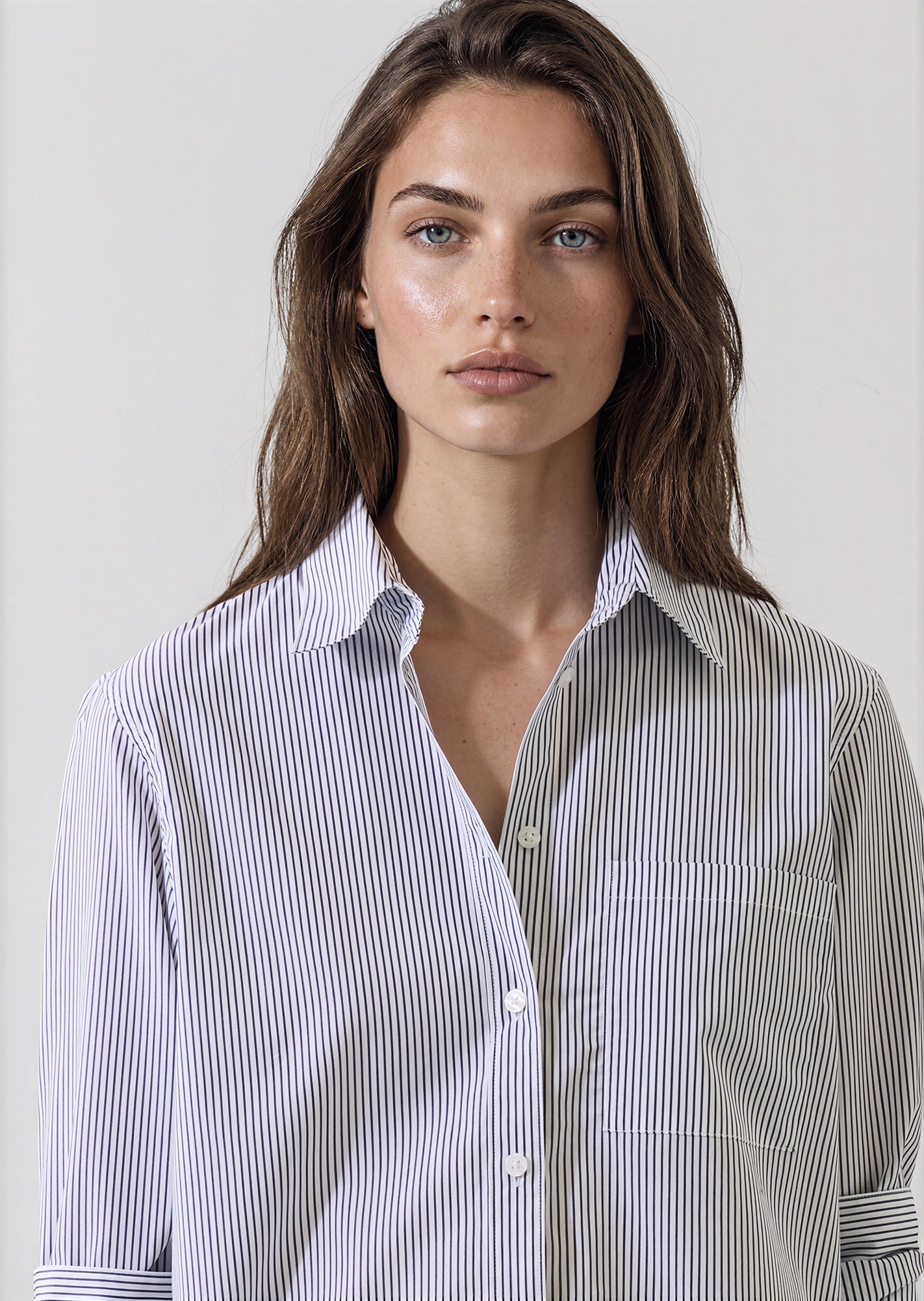 Cotton Stripe Boyfriend Pocket Shirt in French Blue