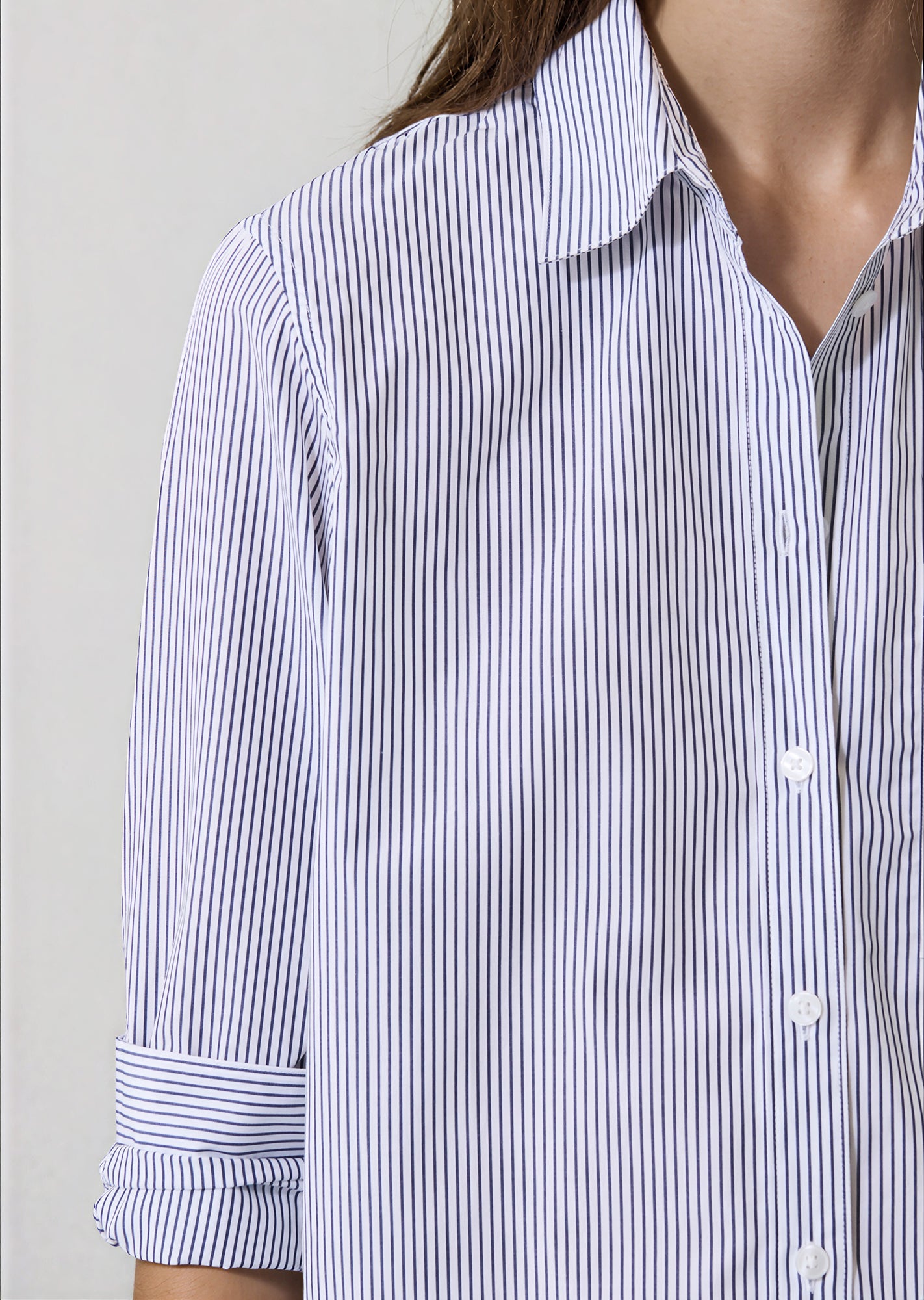 Cotton Stripe Boyfriend Pocket Shirt in French Blue