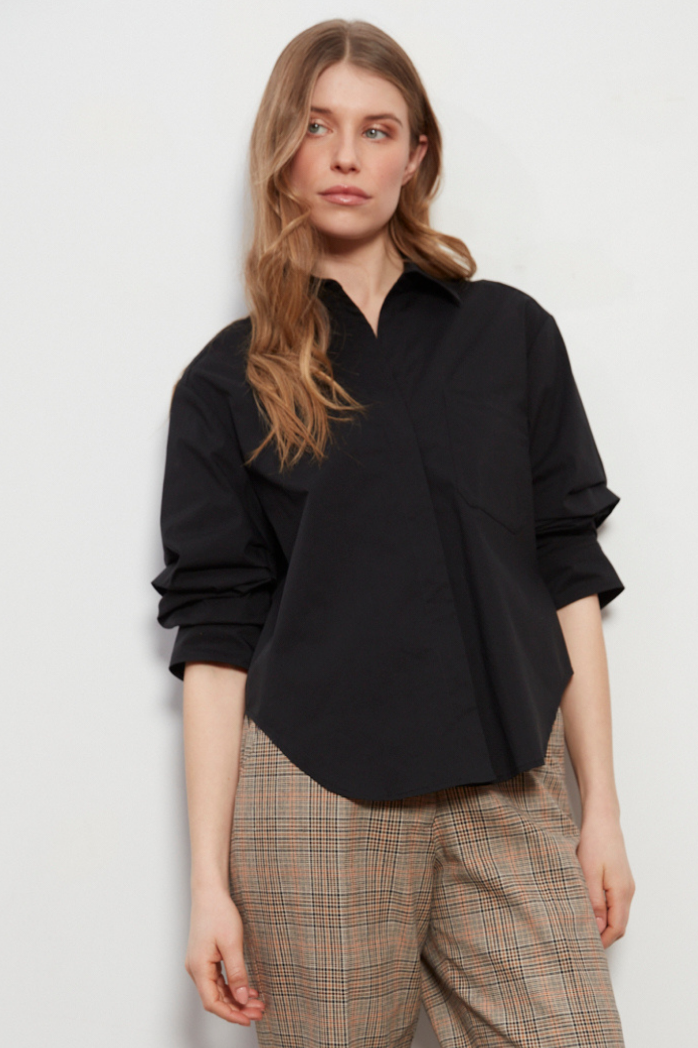 Daria Ruched Sleeve Shirt in Blue Stripe