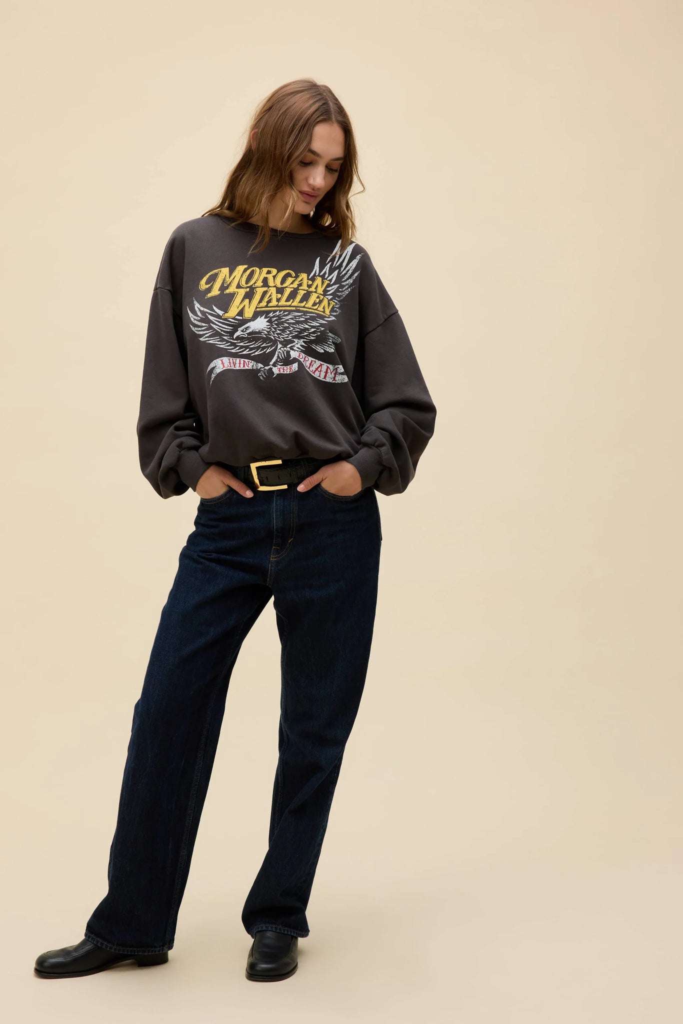 Morgan Wallen Classic Eagle Oversized Crew Sweatshirt in Washed Black