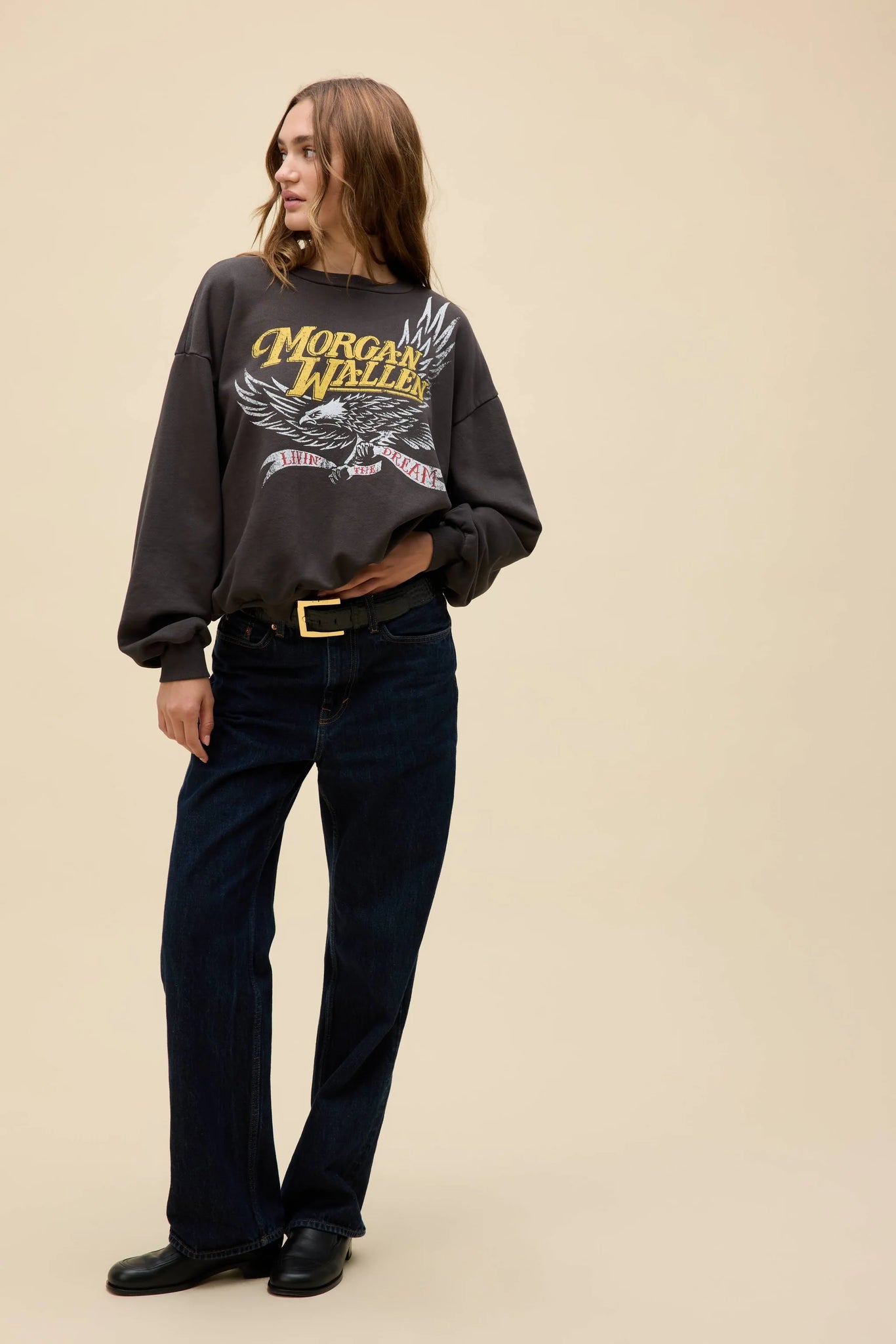 Morgan Wallen Classic Eagle Oversized Crew Sweatshirt in Washed Black