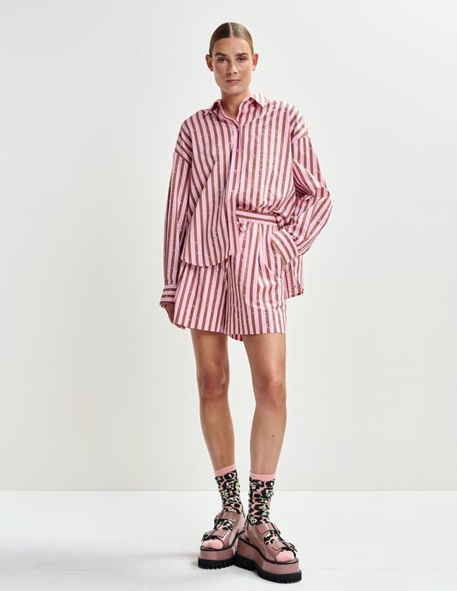 Jeeuw Striped Shorts with Rhinestone Embellishments in Younge Rose