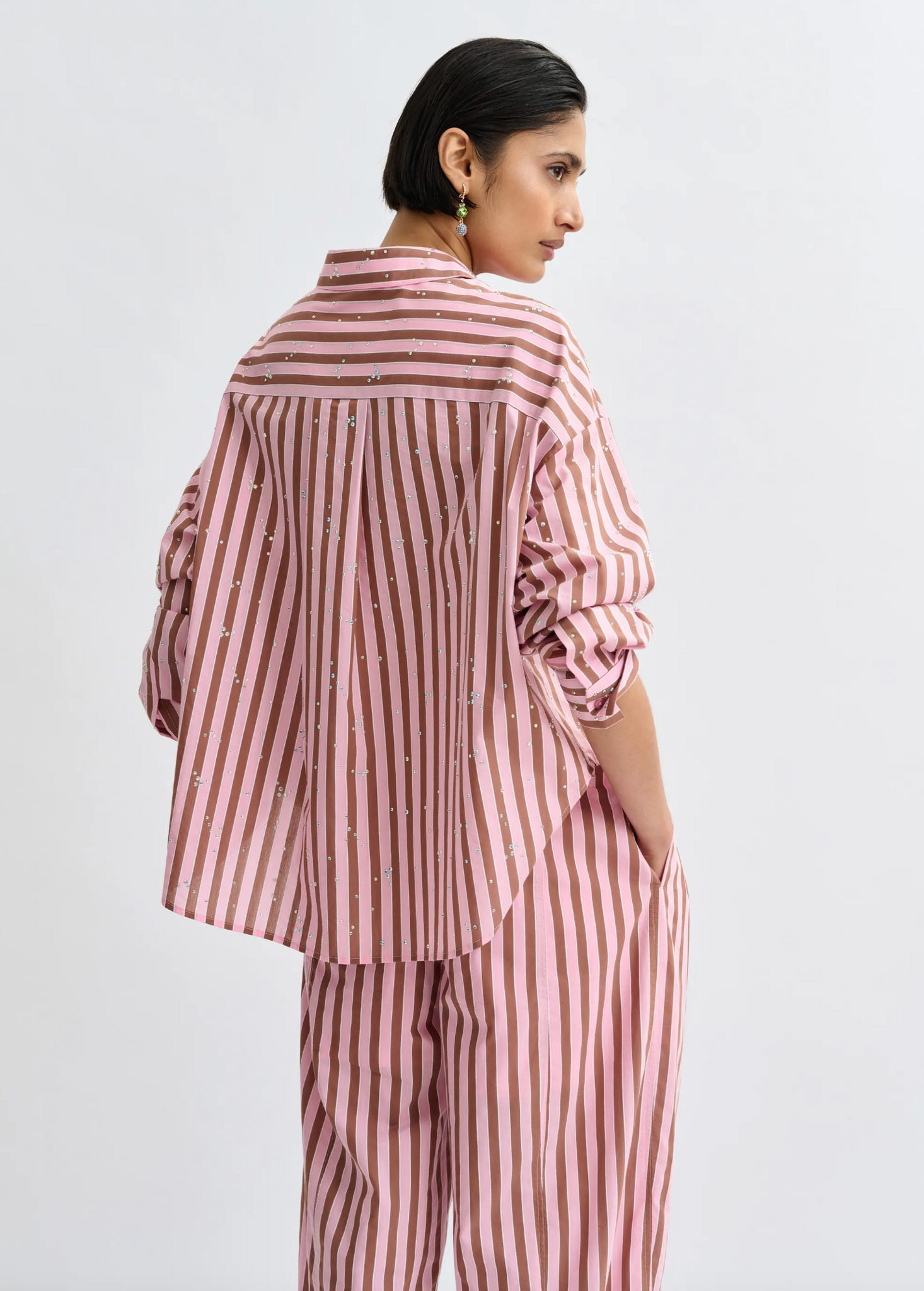 Jelief Striped Cotton Shirt with Rhinestone Embellishments in Young Rose